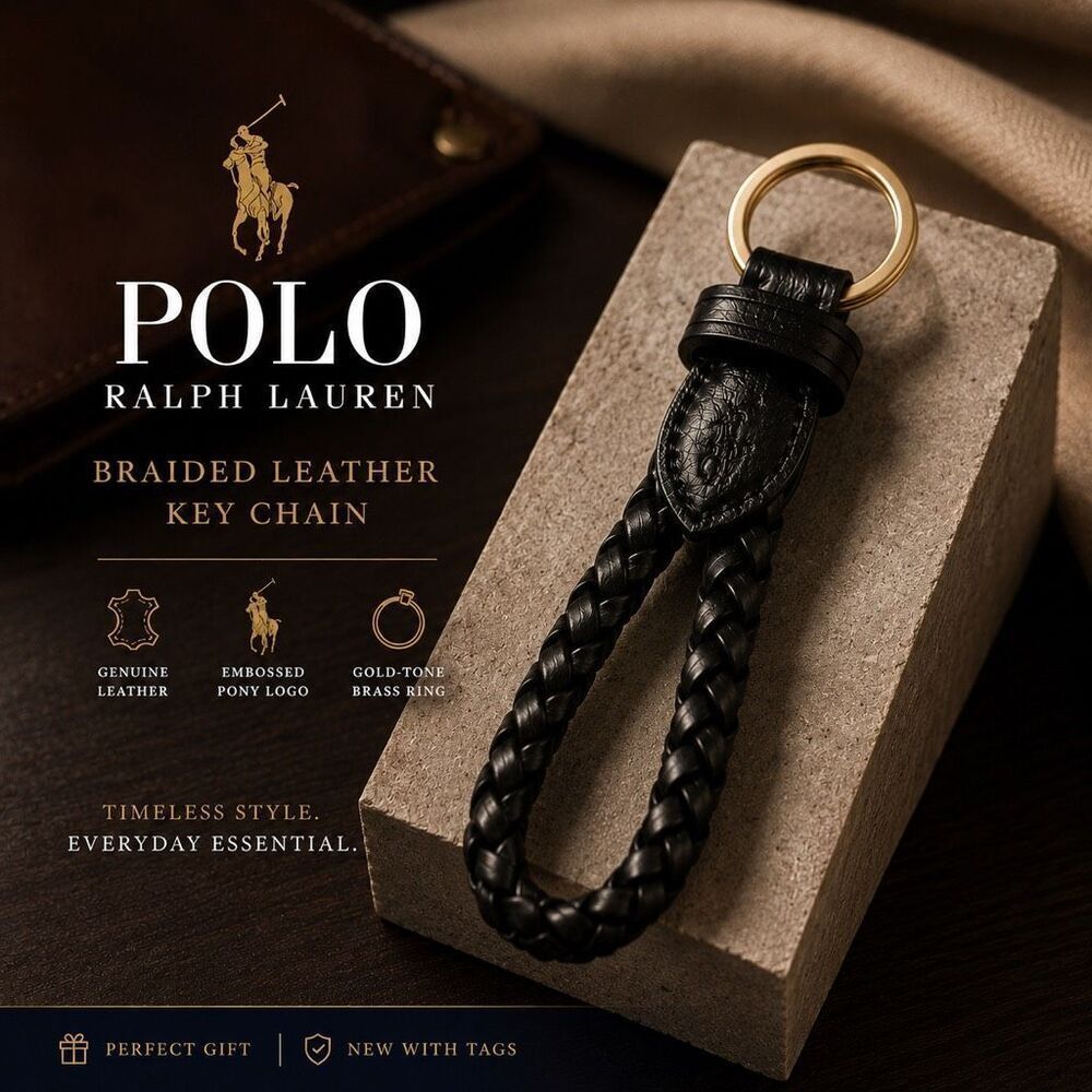 Polo Ralph Lauren Braided Genuine Leather Key Chain Black Brass Ring NWT Pony
